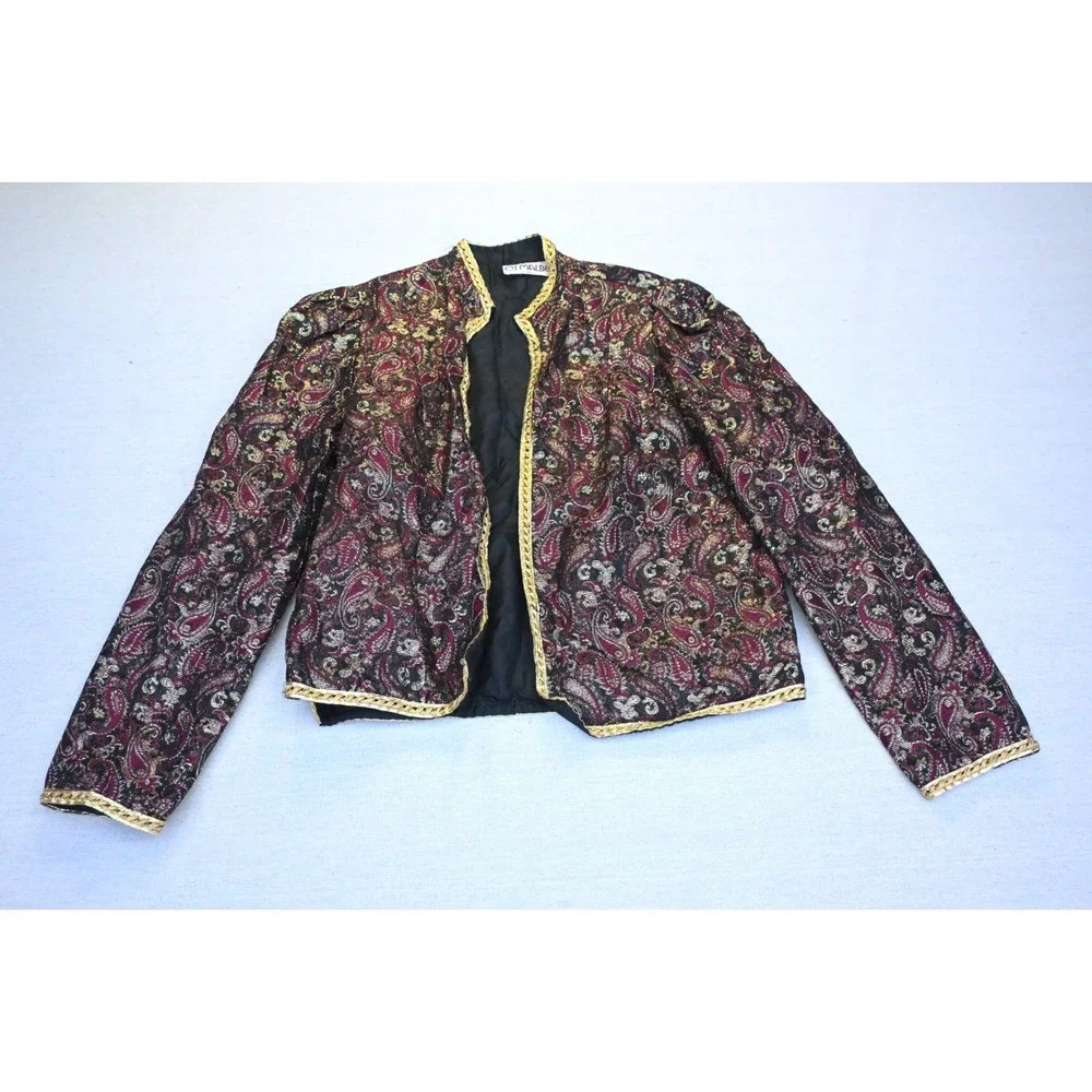 Vintage 80s Womens 14 Brocade Cropped Evening Jacket Black Gold Braid USA Glam